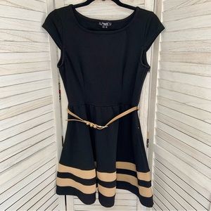 Sequin Hearts A Line Fit and Flare Belted Mini Dress Black and Tan Stripe 9